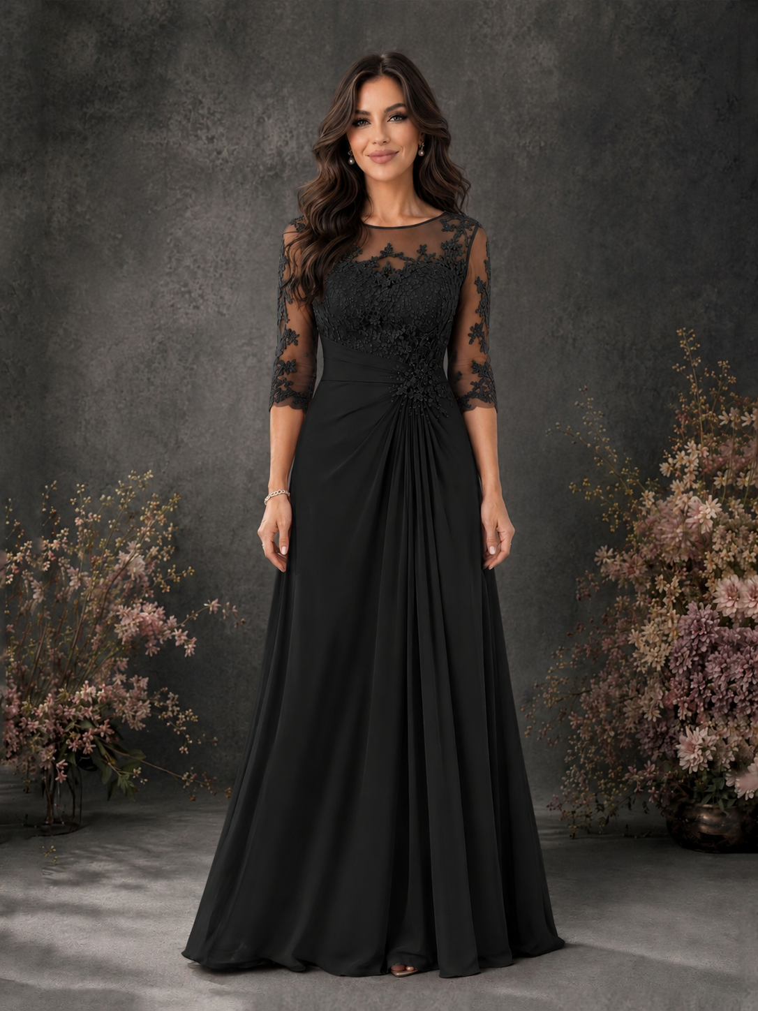 BOLODOO Black Chiffon Lace Illusion Neckline 3/4 Sleeve Floor Length Formal Gown - Black