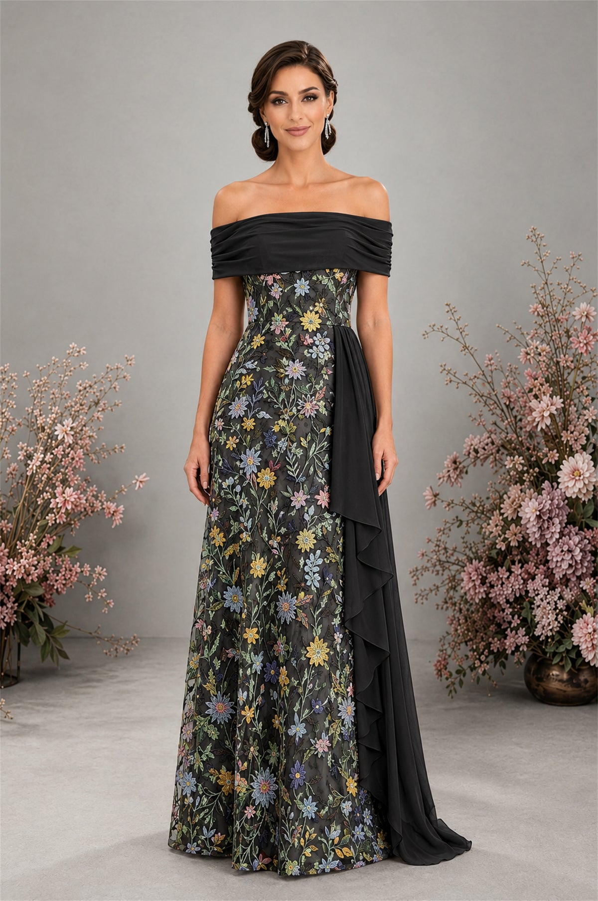 BOLODOO Black Floral Embroidered Off-Shoulder A-Line Floor Length Gown | Mother of the Bride & Evening - Black - Black (1)