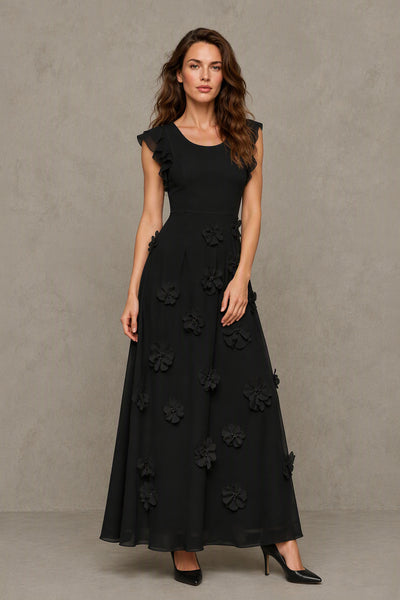 BOLODOO Black Scoop Neck Flutter Sleeve 3D Floral Appliqué A-Line Chiffon Maxi Dress - Black
