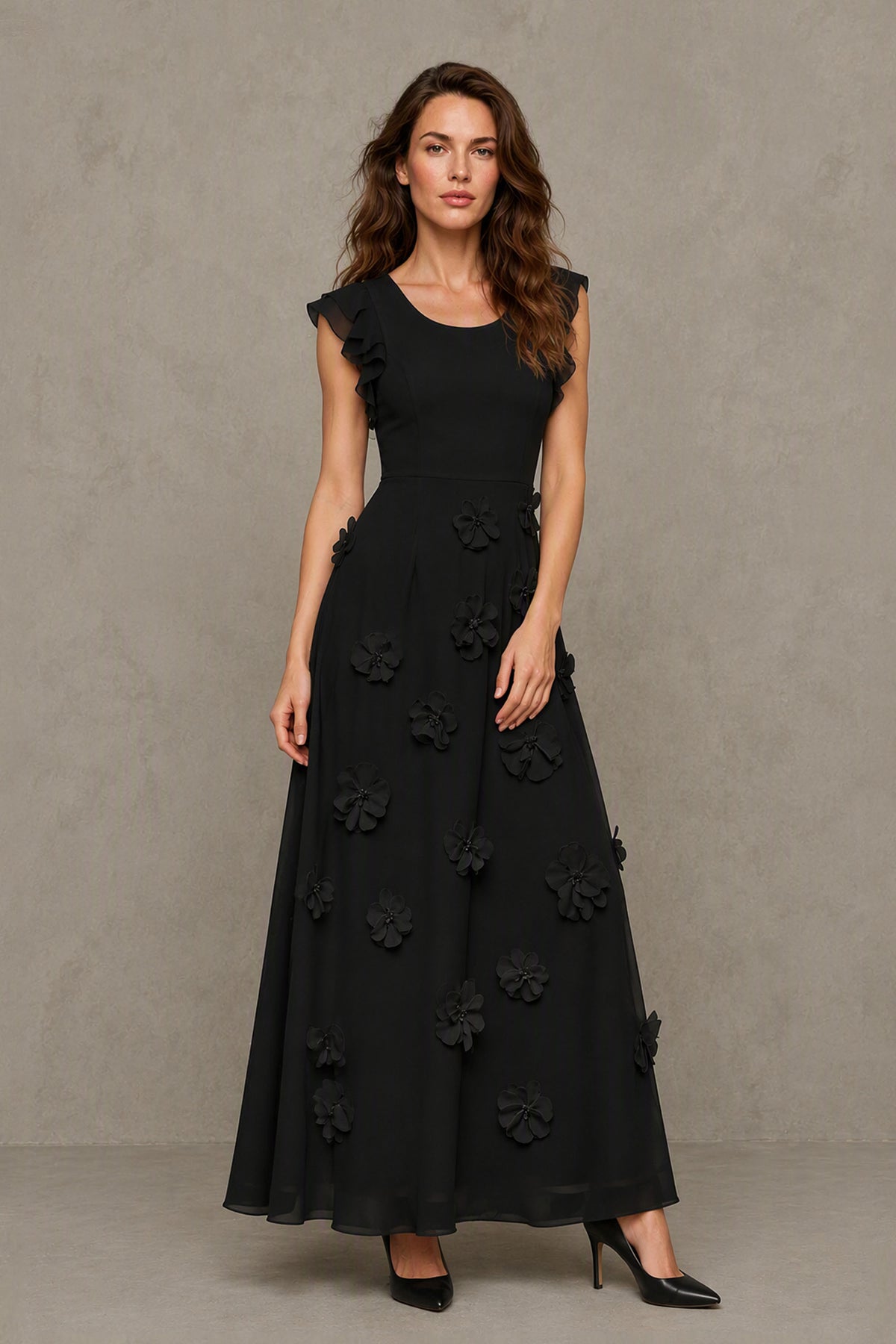BOLODOO Black Scoop Neck Flutter Sleeve 3D Floral Appliqué A-Line Chiffon Maxi Dress - Black