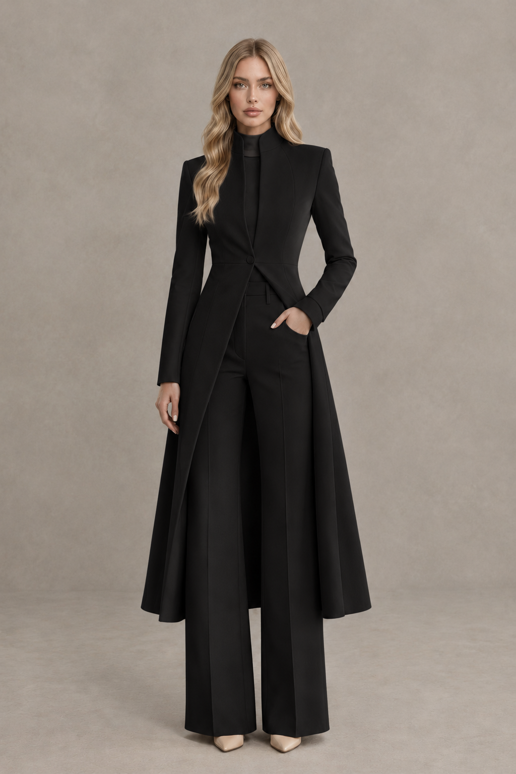 BOLODOO Black Longline Jacket Wide-Leg Formal Pantsuit - Black