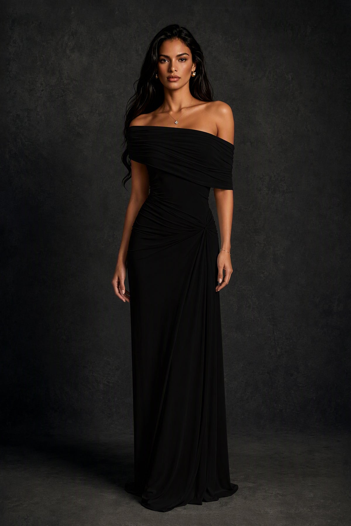 BOLODOO Black Off-Shoulder Ruched Maxi Dress - Black