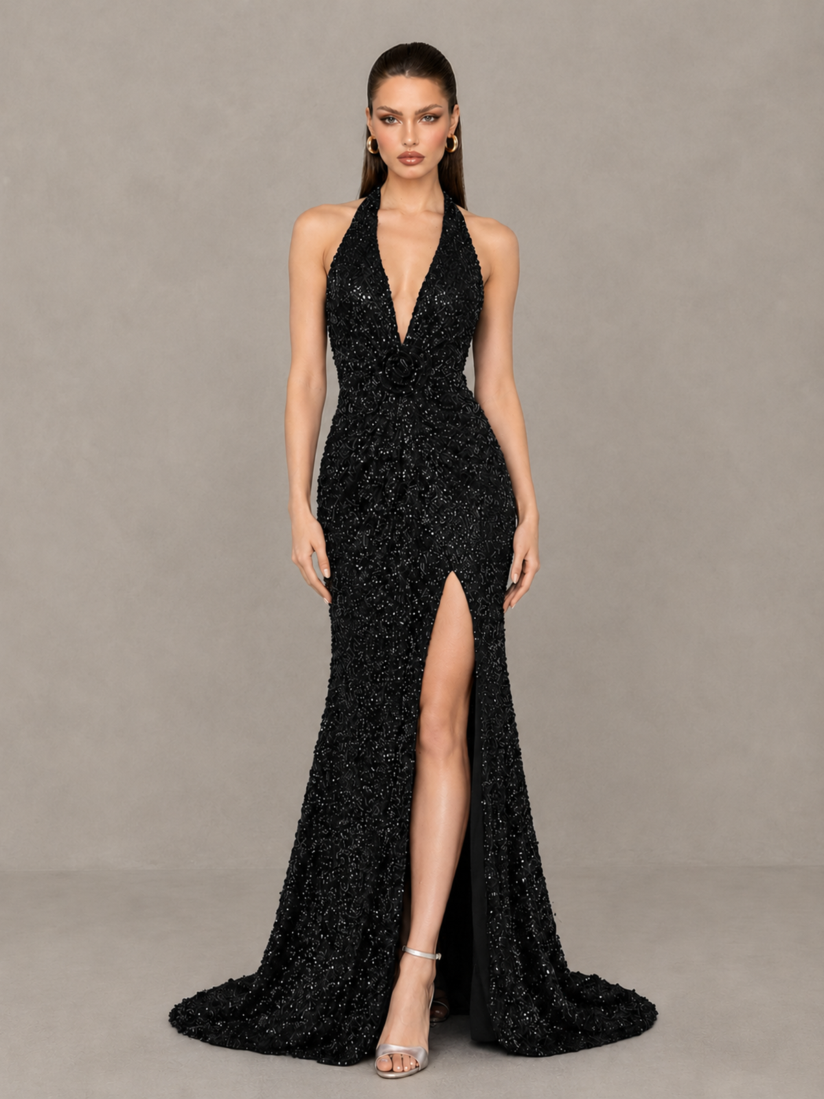 BOLODOO Black Sequin Halter Open Back Evening Gown with High Slit - Black - Black (1)