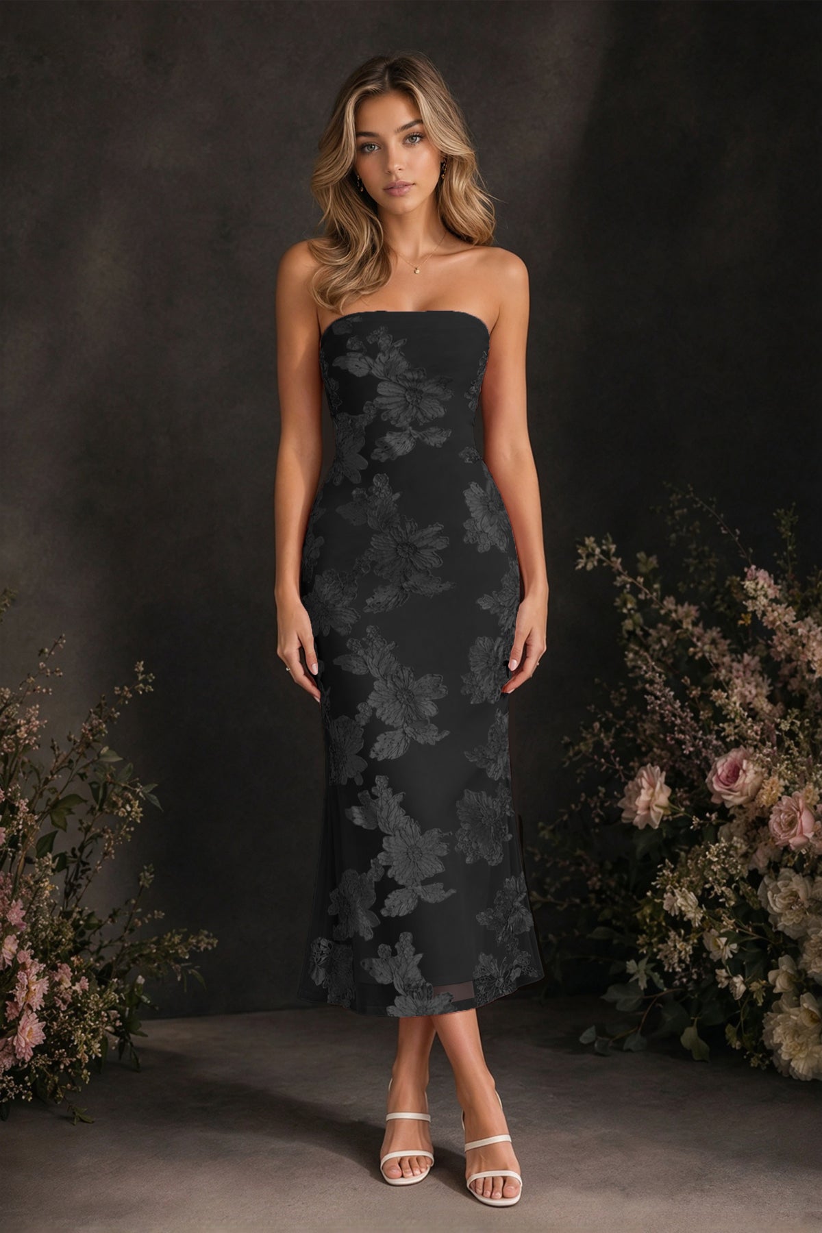 BOLODOO Black Tonal Floral Embroidered Mesh Strapless Open Back Bodycon Midi Tea Length Dress - Black