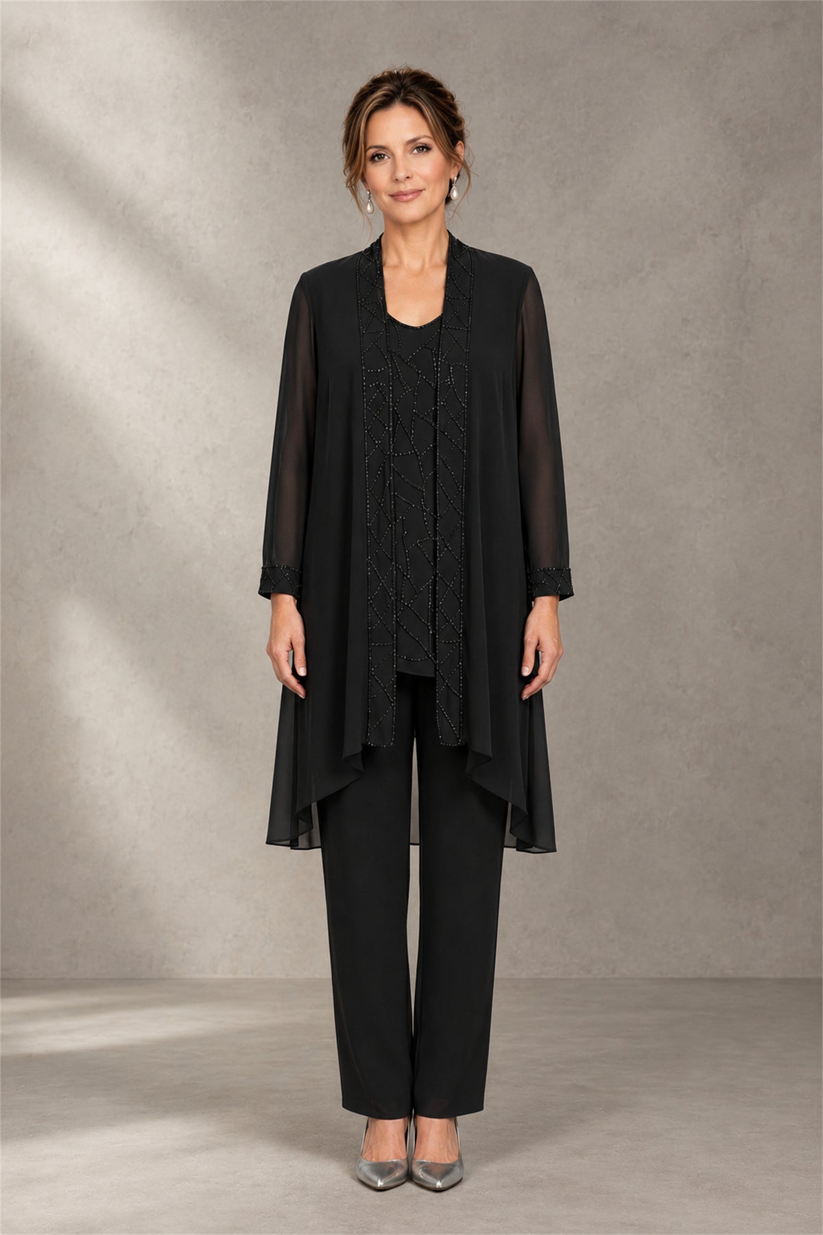 BOLODOO Black 3-Piece Beaded Chiffon Duster Jacket Pant Suit - Black