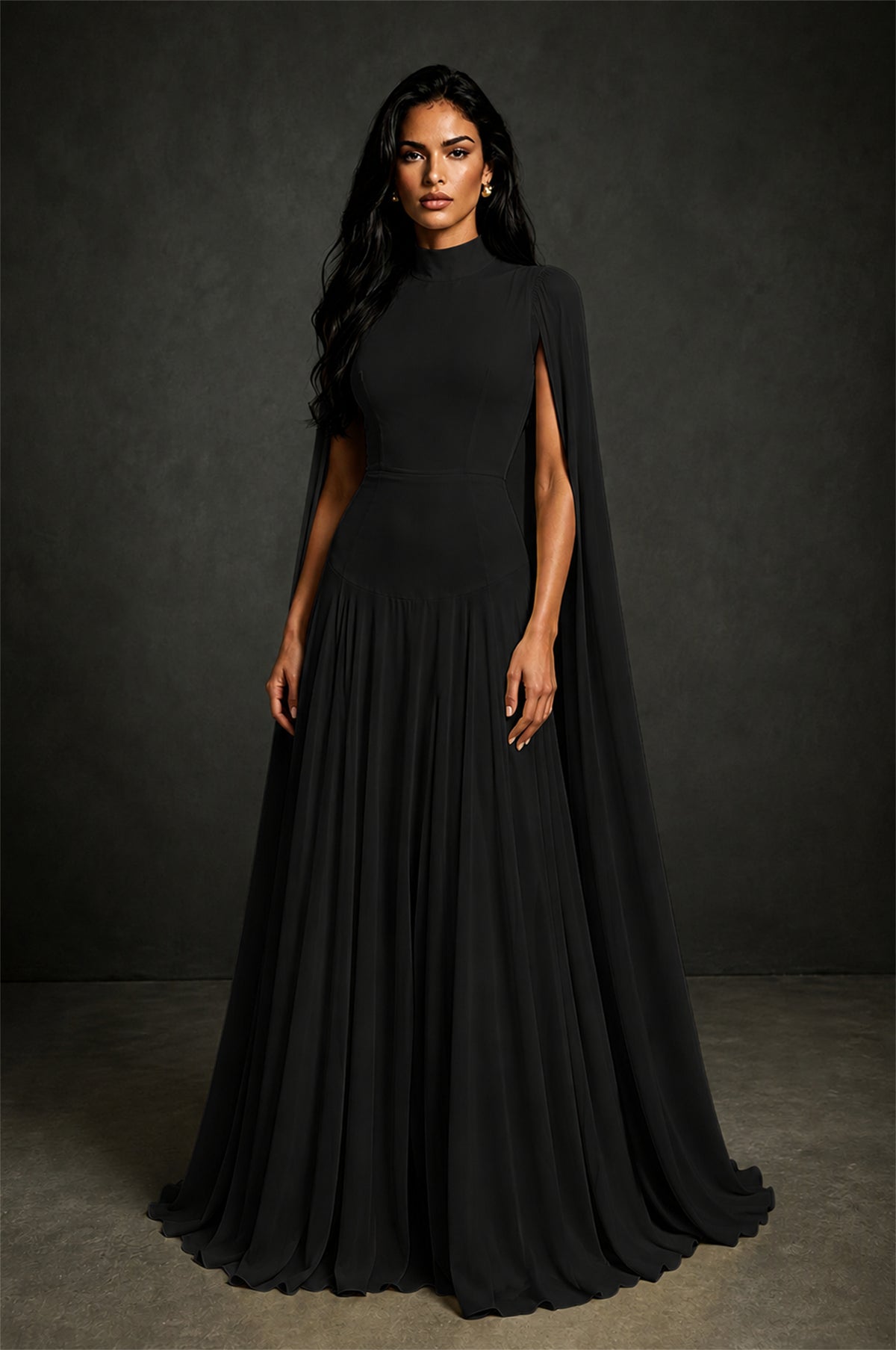 BOLODOO Black Mock Neck Cape Sleeve A-Line Chiffon Maxi Dress - Black - Black (1)