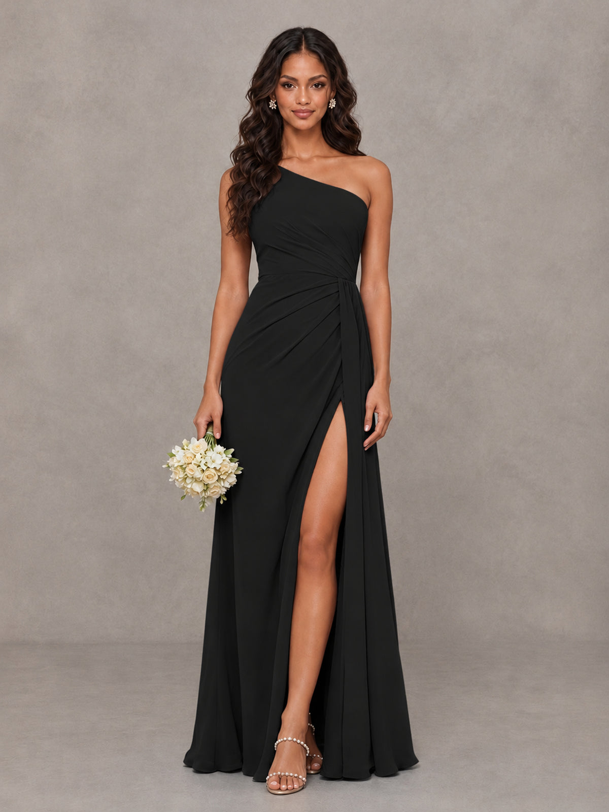 BOLODOO Black One-Shoulder Chiffon Bridesmaid Dress with Ruched Bodice & High Slit - Black - Black (1)