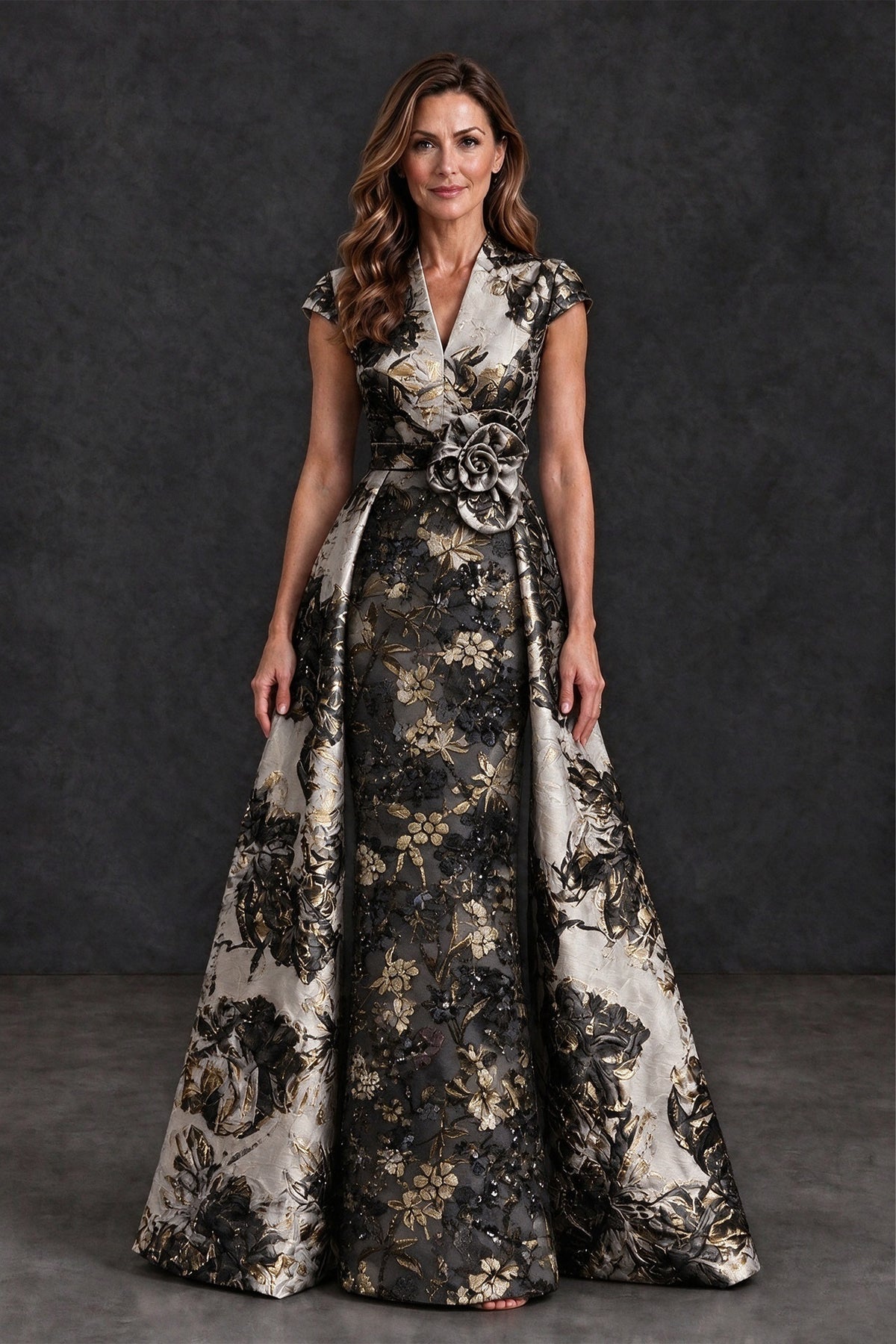 BOLODOO Black Floral Jacquard V-Neck Mother of the Bride Dress - Black - Black (1)