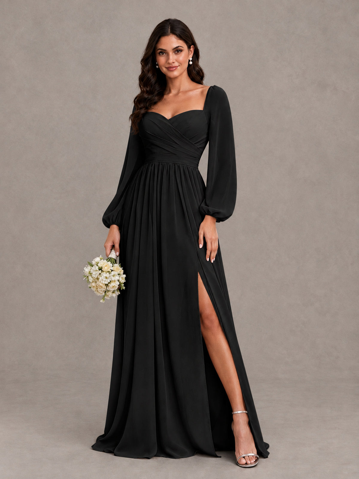 BOLODOO Black Long Sleeve Chiffon Bridesmaid Dress with Slit - Black - Black (1)