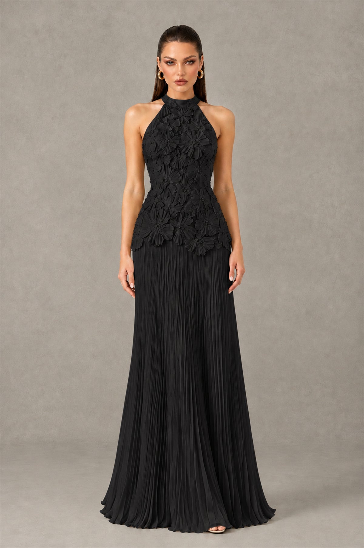 BOLODOO Black 3D Floral Applique Halter Neck Open Back Pleated Maxi Dress - Black