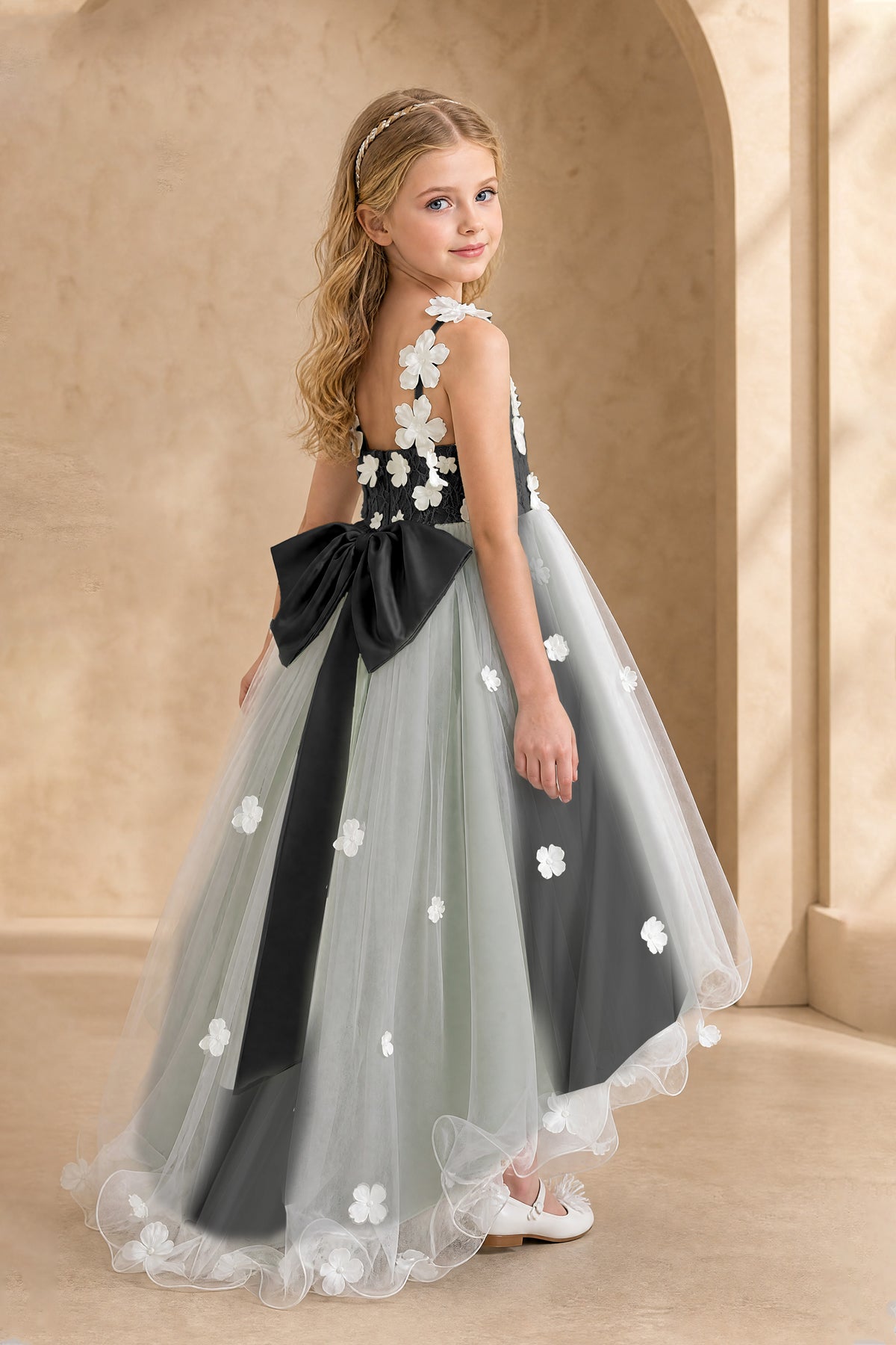 BOLODOO Black Flower Girl Dress with Floral Appliqué and High-Low Tulle Skirt - Black