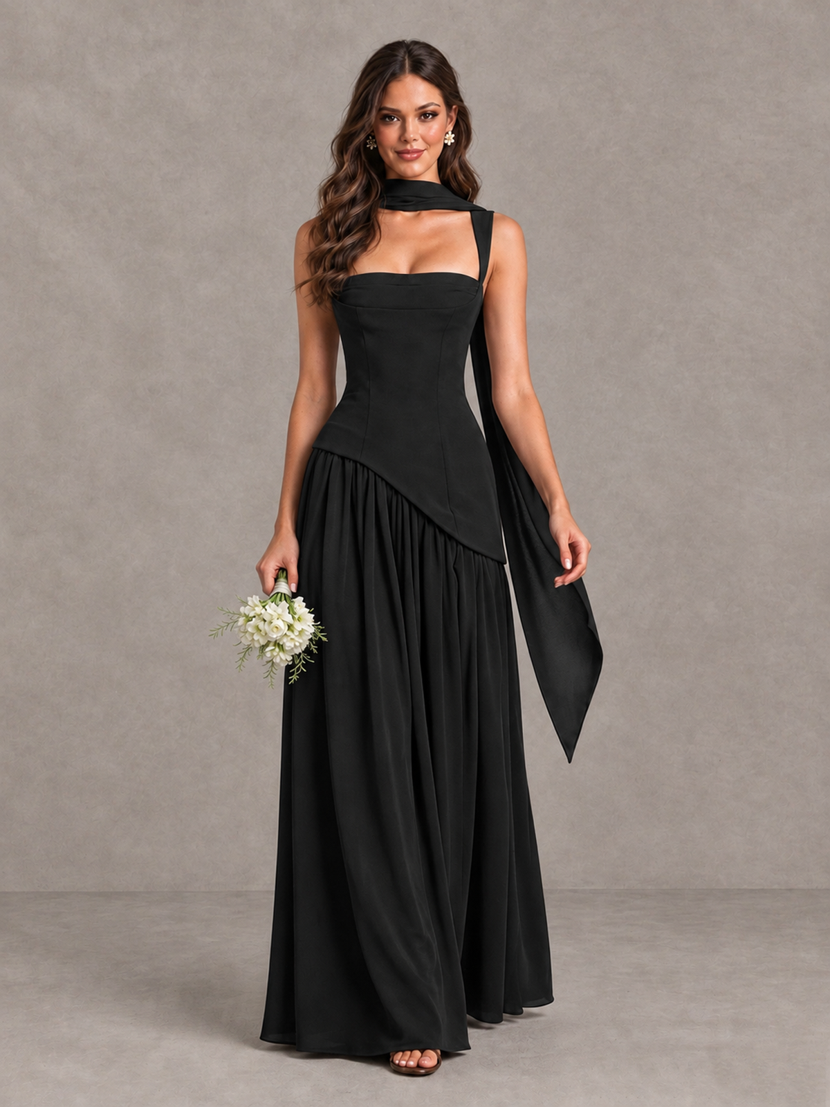 BOLODOO Black Brown Scarf Bridesmaid Dress with Lace-Up Back - Black - Black (1)