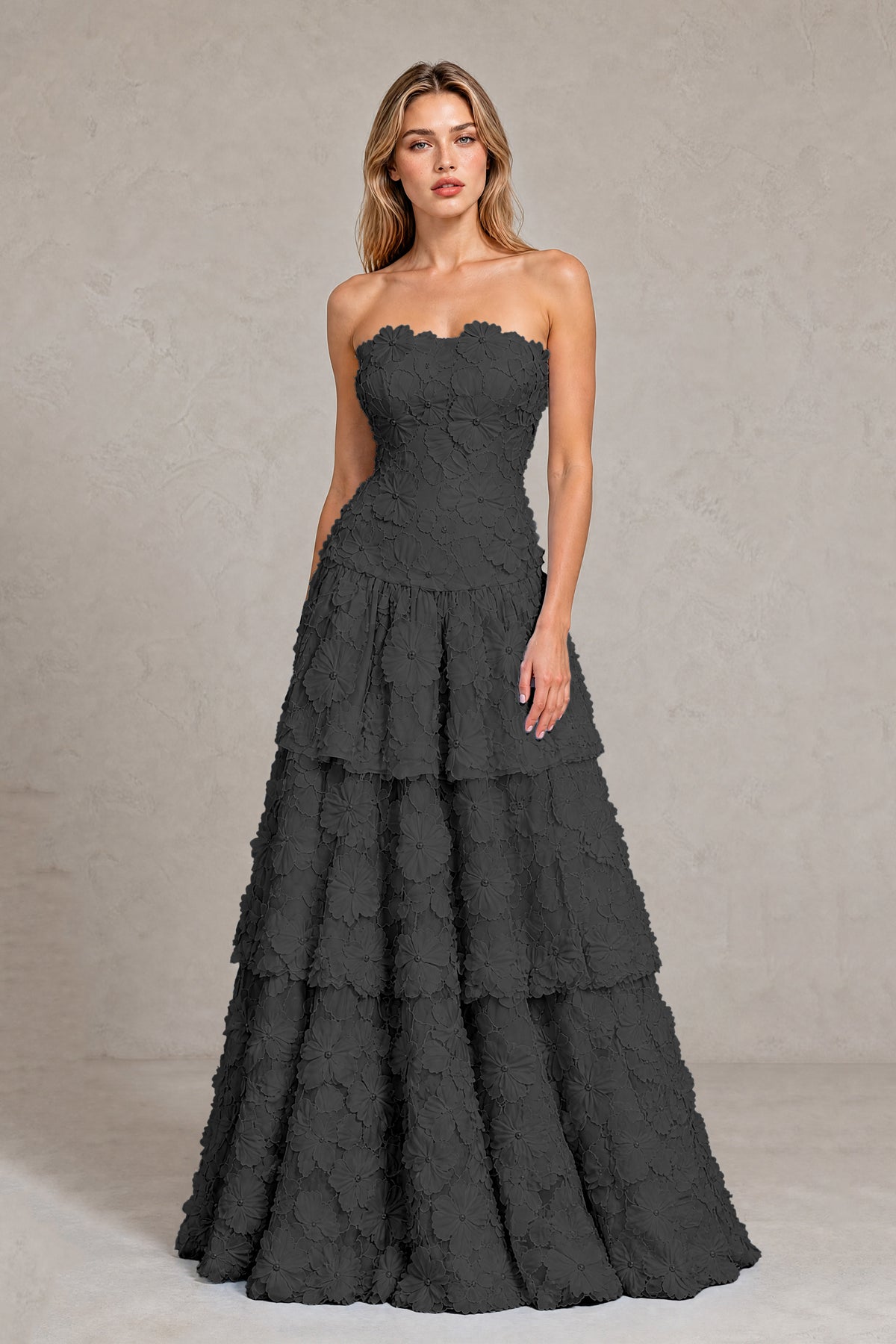 BOLODOO Black Strapless 3D Floral Tiered Evening Gown - Black