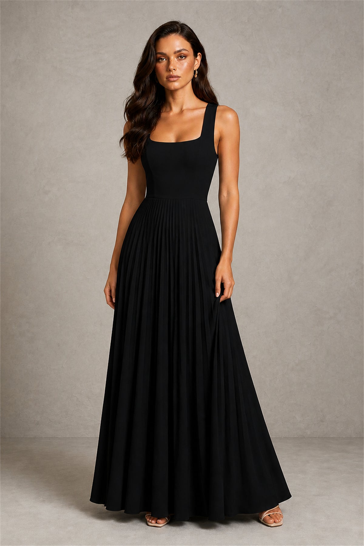 BOLODOO Black Square Neck Wide Strap Lace-Up Back Pleated A-Line Chiffon Maxi Dress - Black
