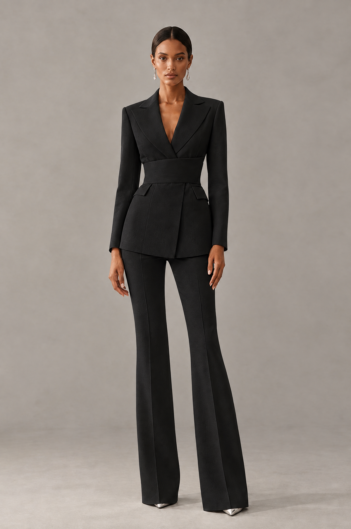 BOLODOO Black Two-Piece Pantsuit with Tailored Blazer & Flared Pants - Black - Black (1)