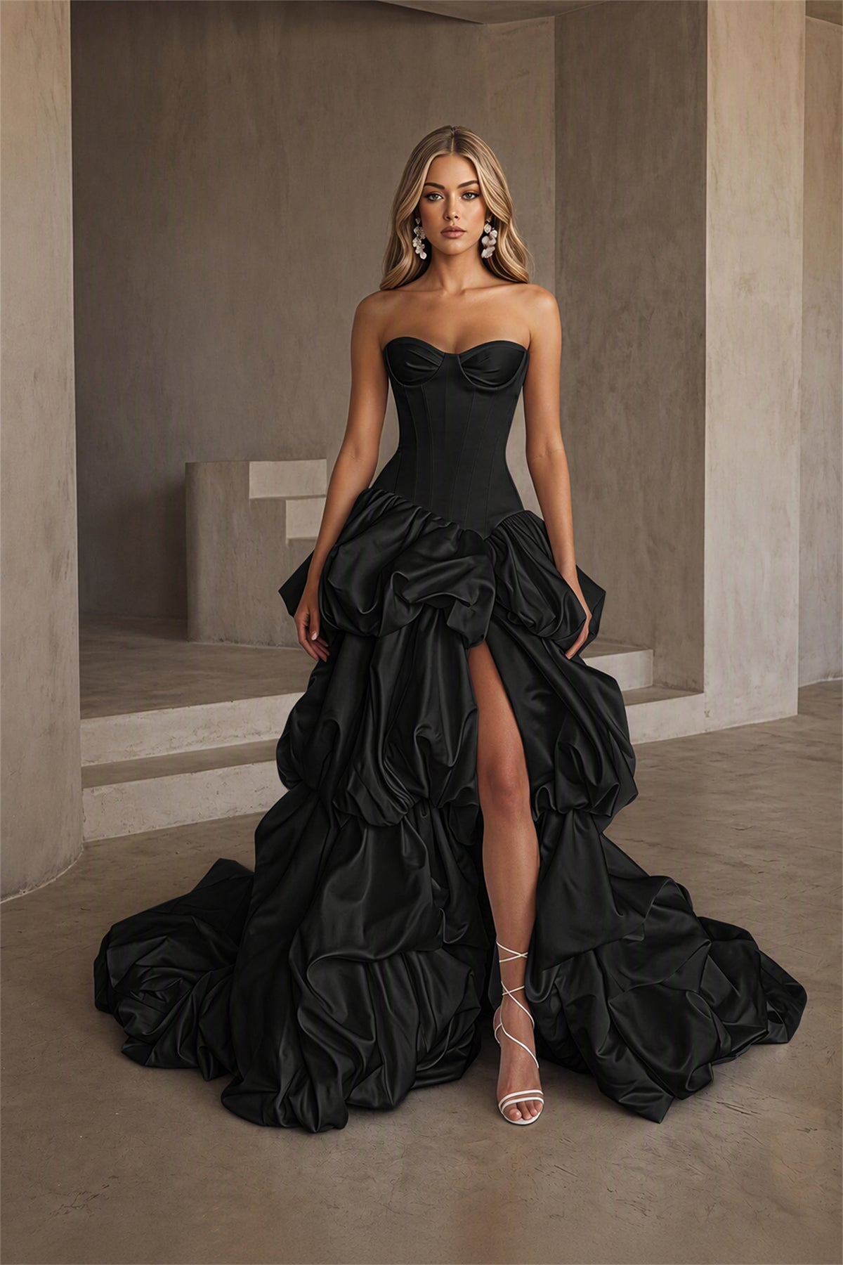 BOLODOO Black Strapless Sweetheart Boned Corset Bubble Skirt Wedding Gown with High Slit and Train - Black