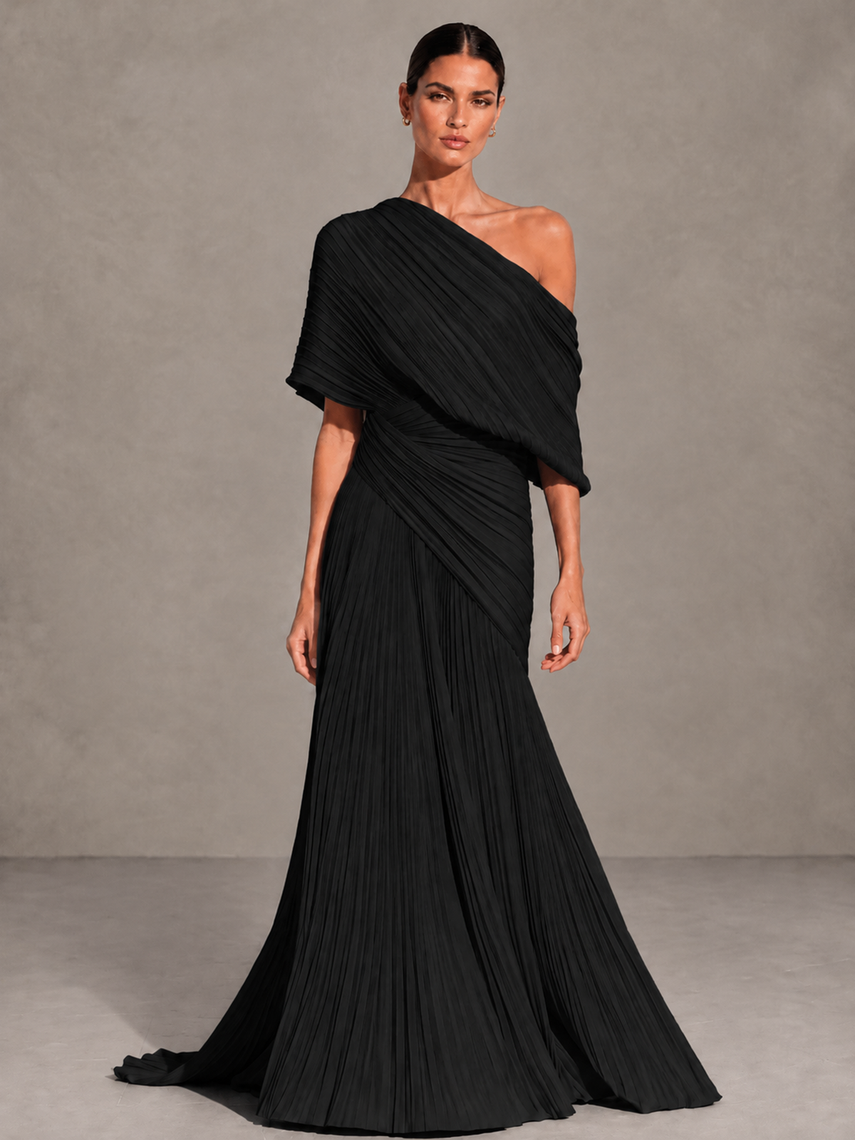 BOLODOO Black One-Shoulder Pleated Cape Evening Gown with Train - Black - Black (1)