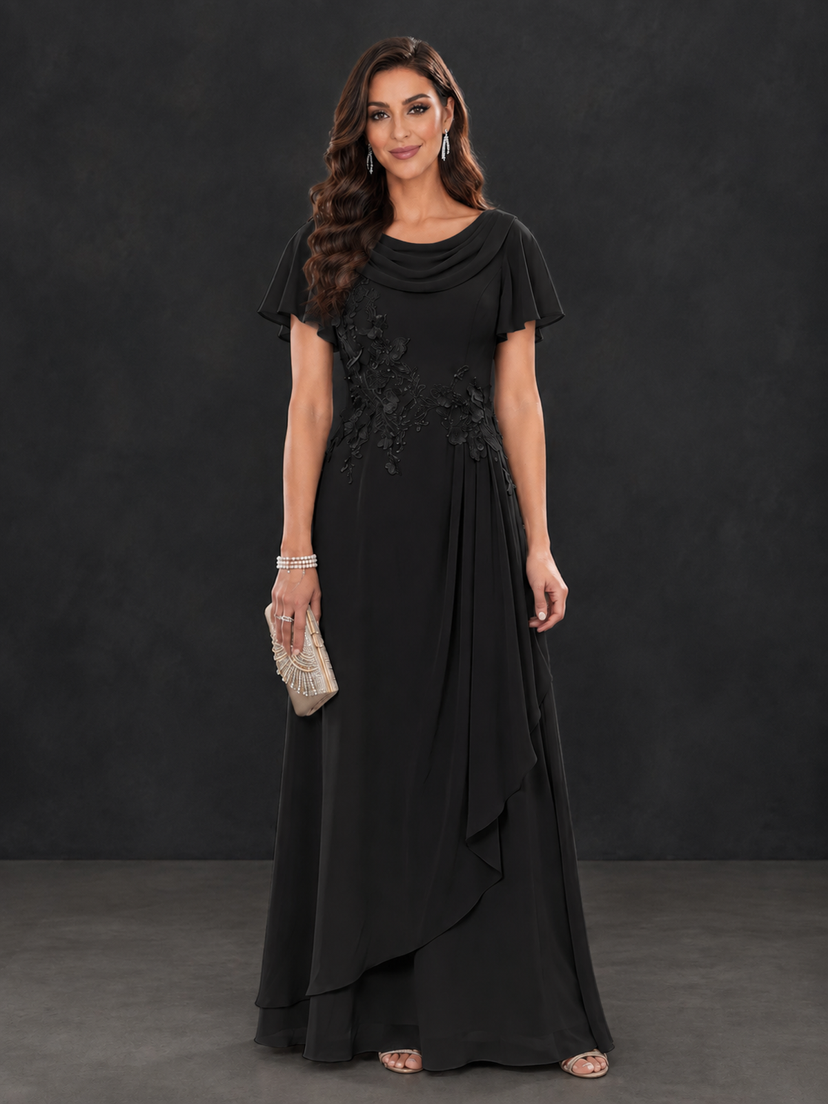 BOLODOO Black Floral Flutter Sleeve Mother of the Bride Dress - Black