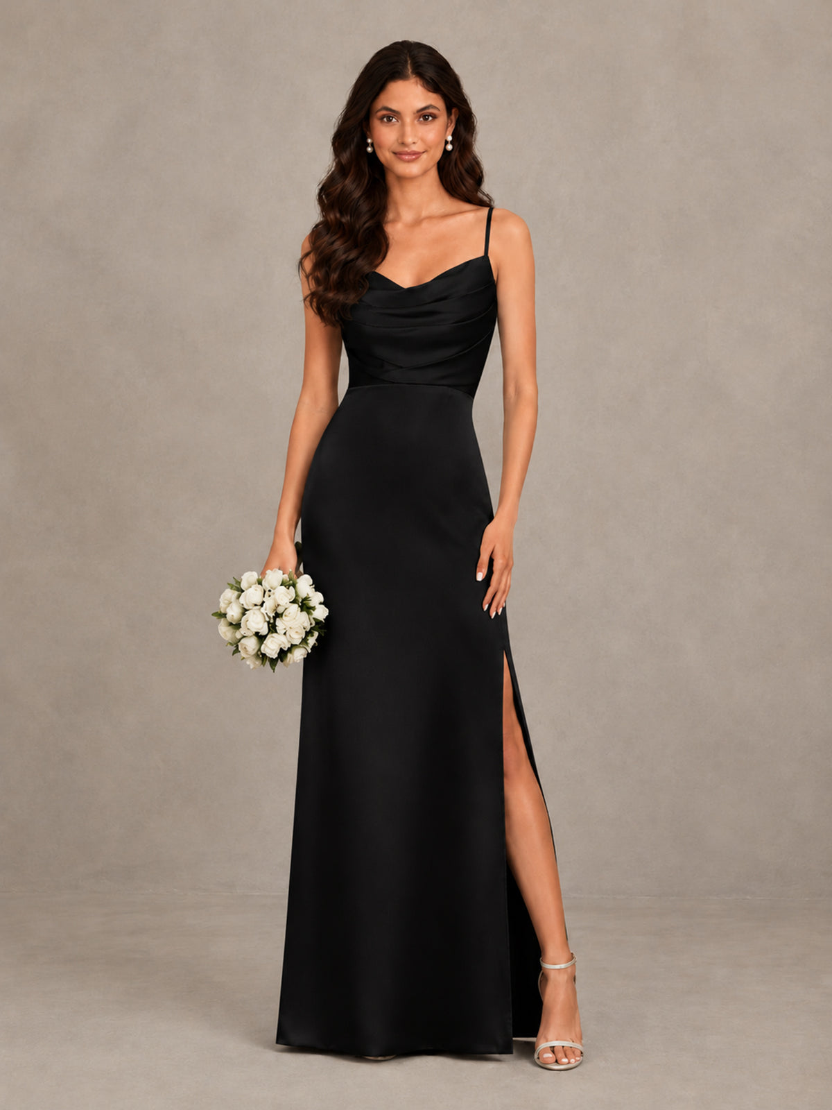 BOLODOO Black Cowl Neck Satin Bridesmaid Dress with Slit - Black - Black (1)