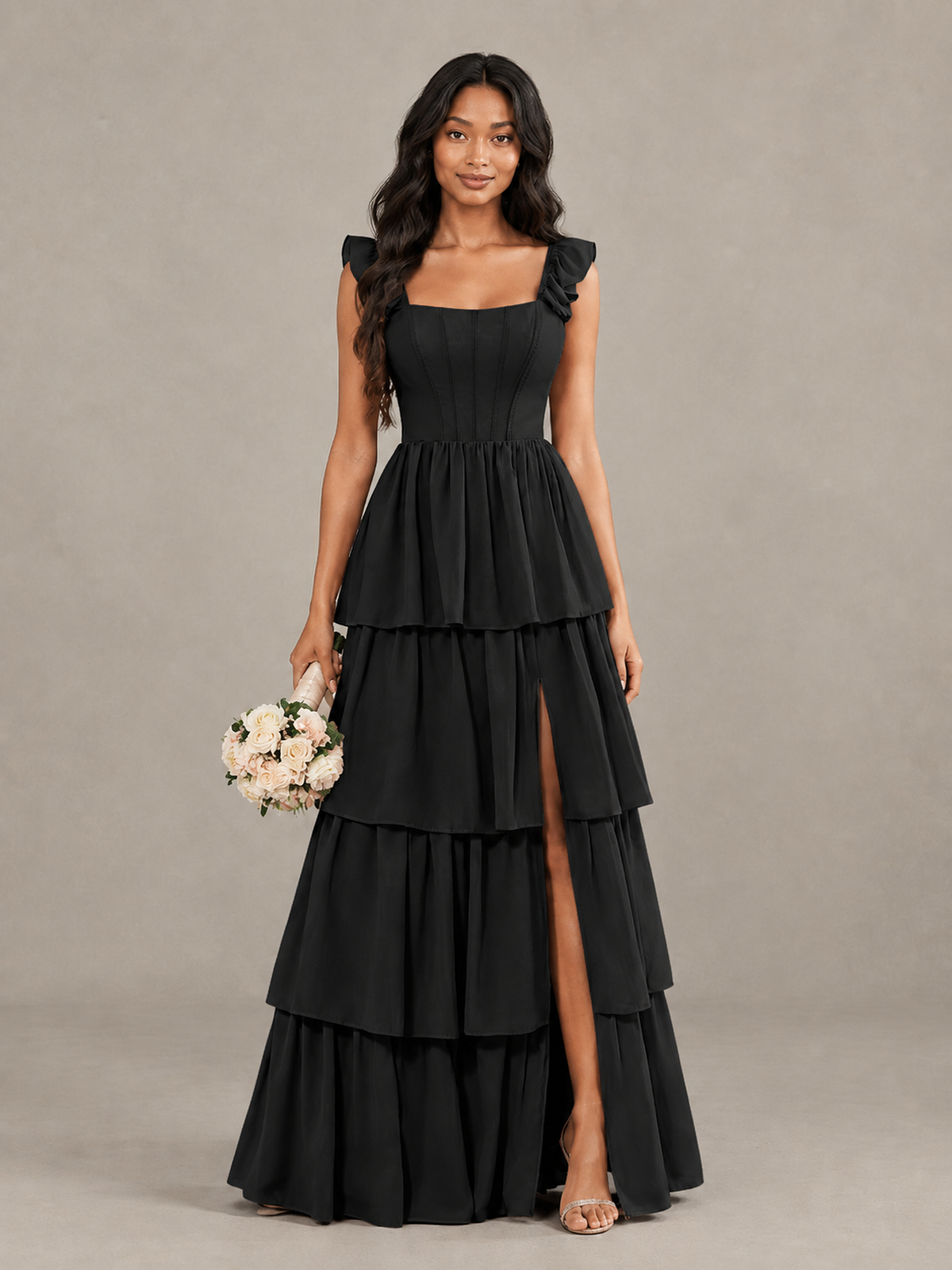 BOLODOO Black Tiered Maxi Bridesmaid Dress with Slit - Black