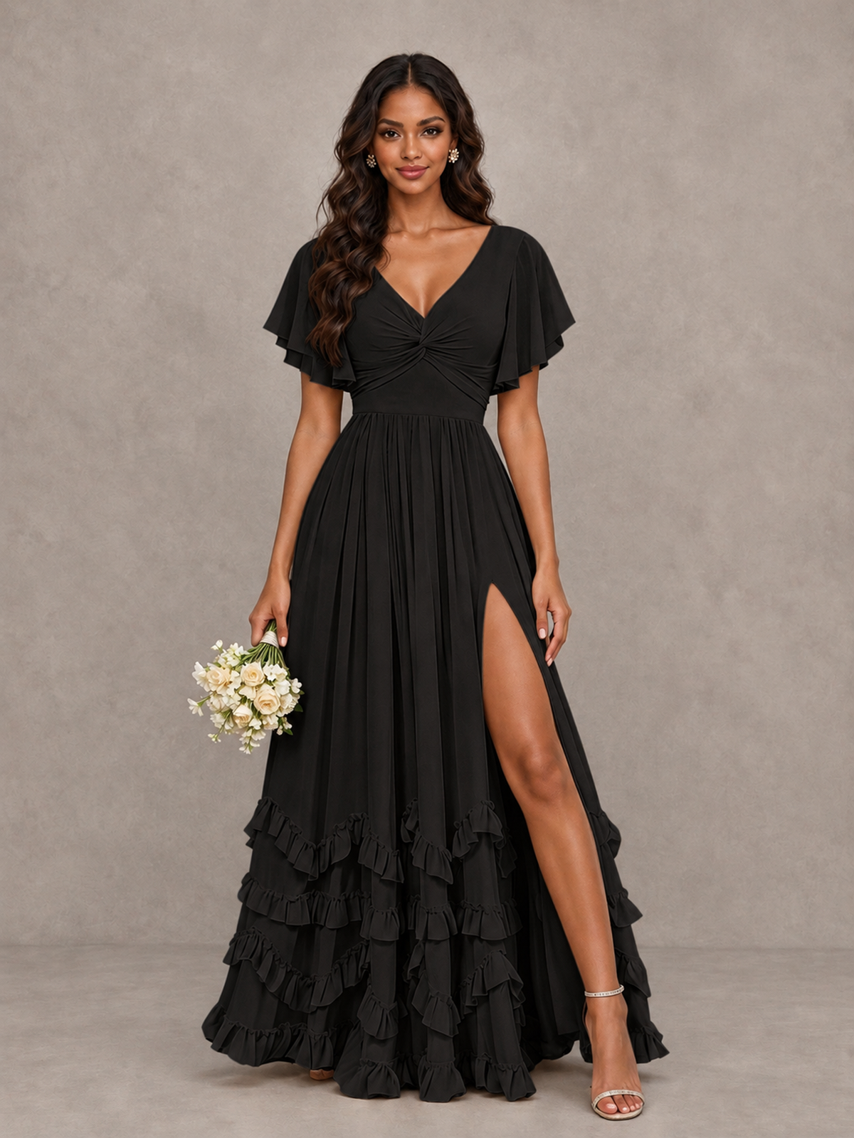 BOLODOO Black V-Neck Flutter Sleeve Ruffle Bridesmaid Dress with Slit - Black - Black (1)