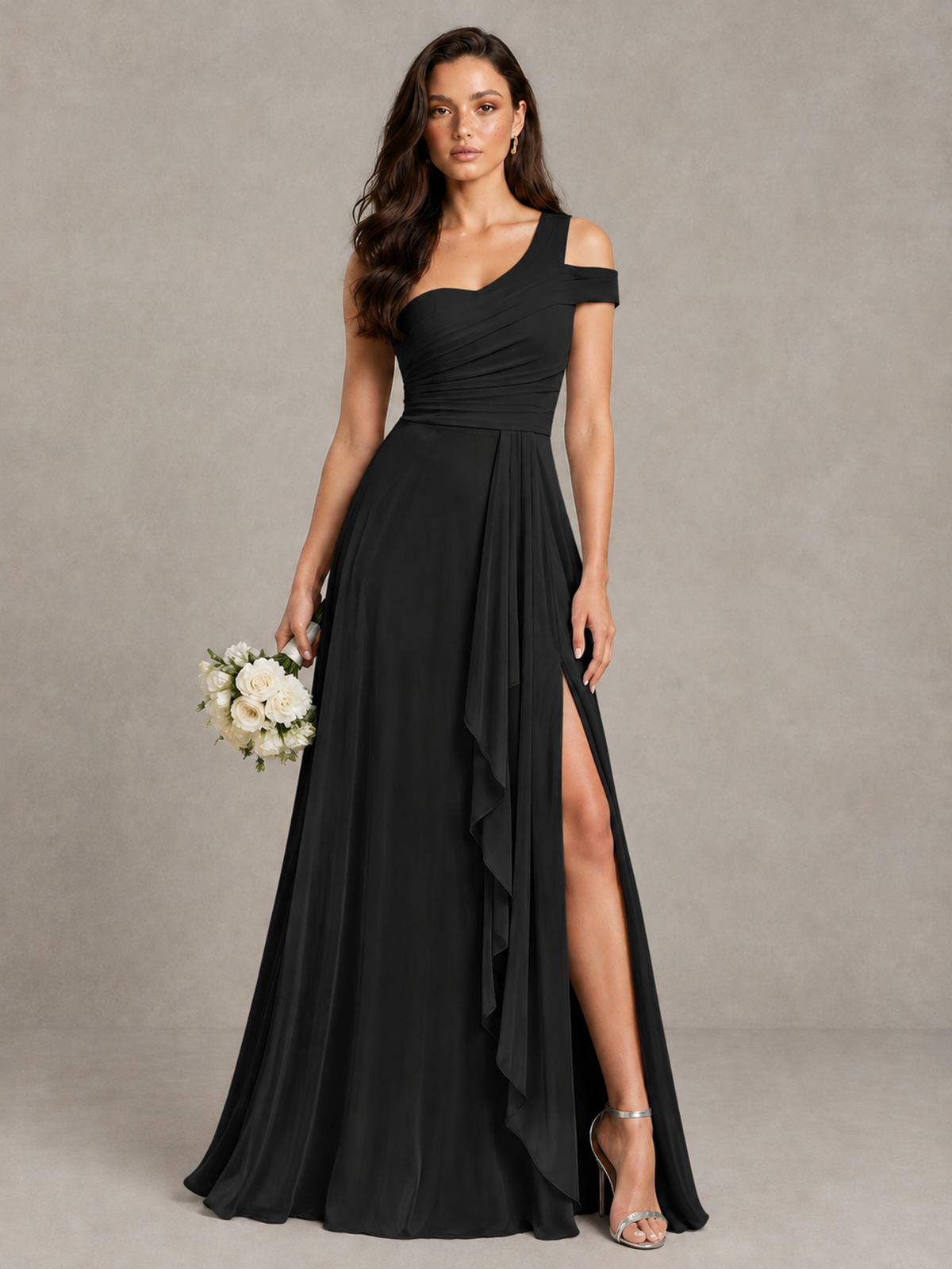 BOLODOO Black One-Shoulder Bridesmaid Dress with Side Slit - Black - Black (1)