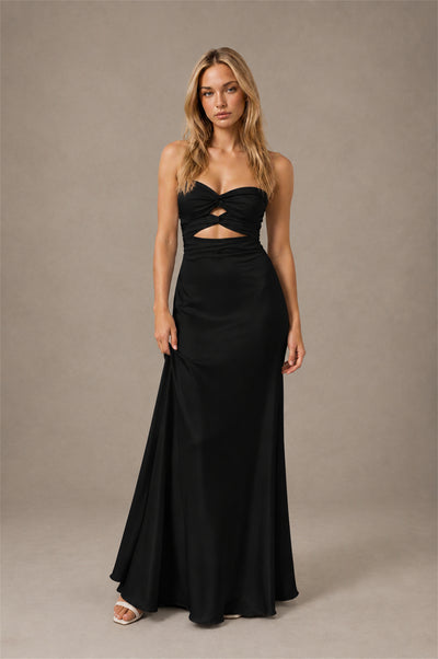 BOLODOO Black Sweetheart Strapless Twist Knot Cutout Lace-Up Back Satin Mermaid Maxi Dress - Black - Black (1)