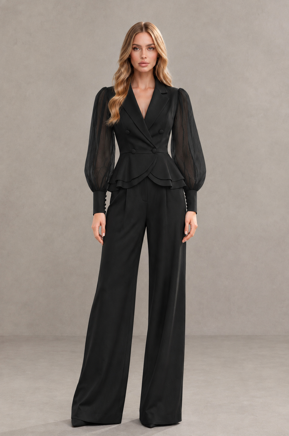 BOLODOO Mint Black Peplum Blazer Wide-Leg Pantsuit with Sheer Puff Sleeves - Black