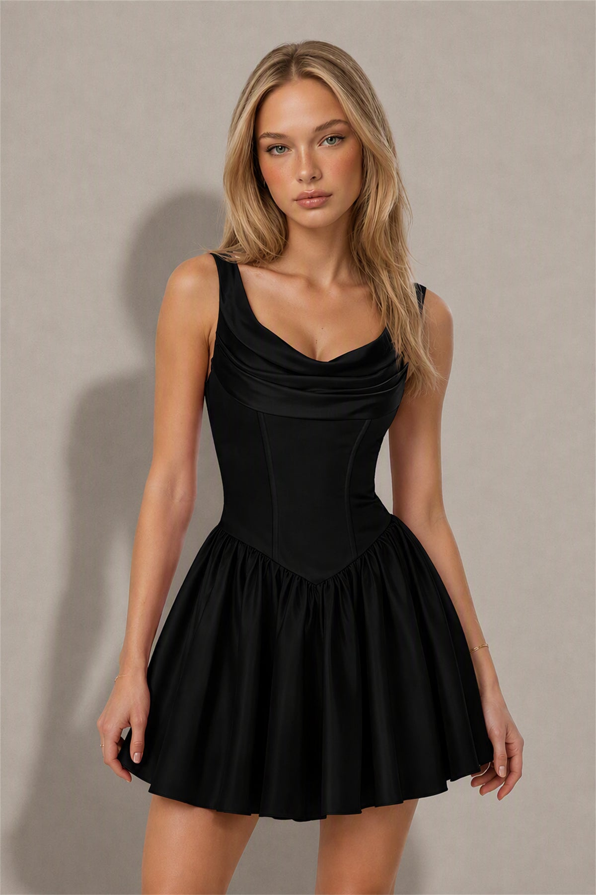 BOLODOO Black Satin Cowl Neck Wide Strap Corset Lace-Up Back Fit and Flare Mini Dress | Prom Cocktail Date Night Dress - Black