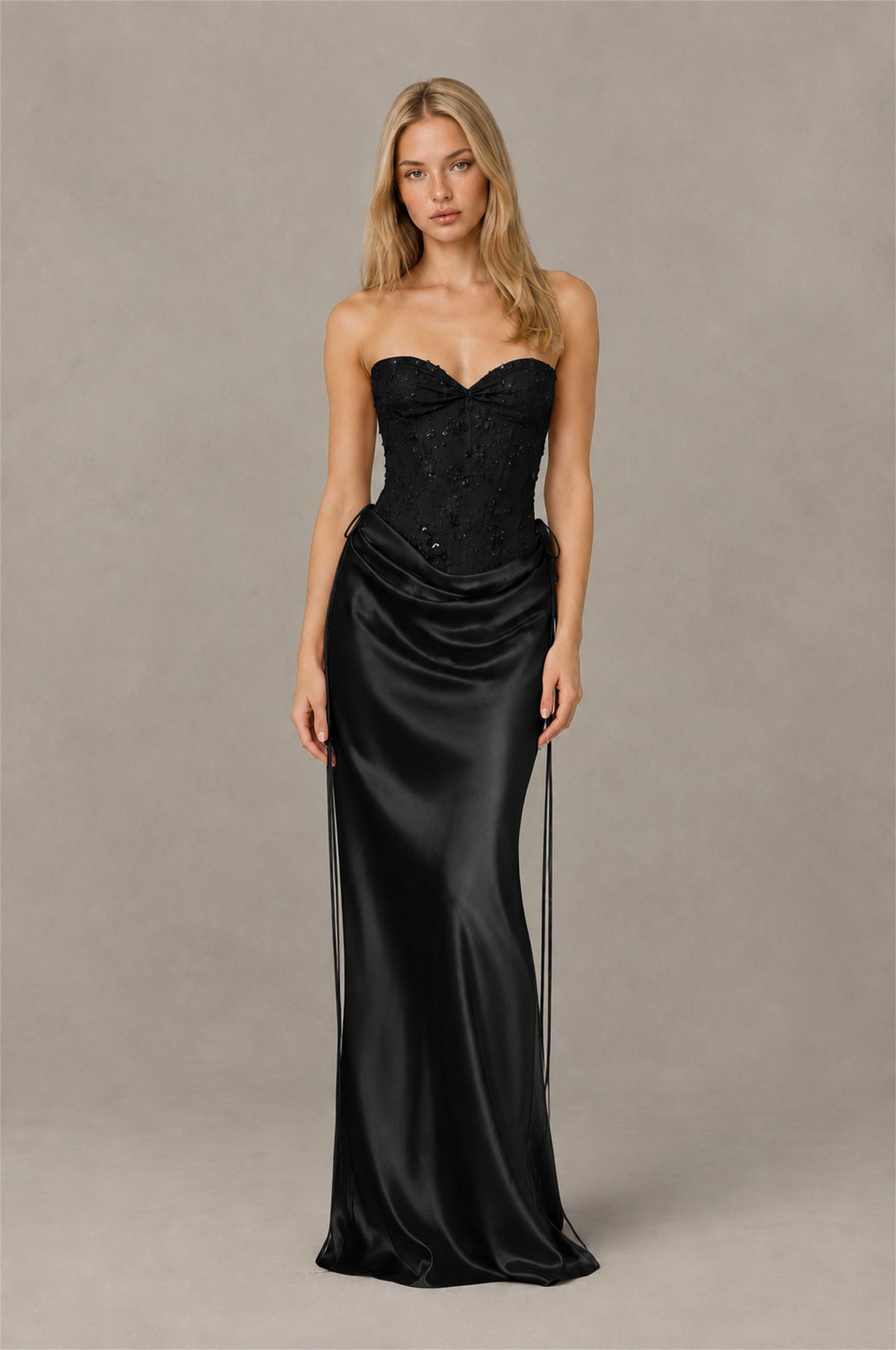 BOLODOO Black Strapless Embellished Corset Satin-Look Maxi Dress - Black
