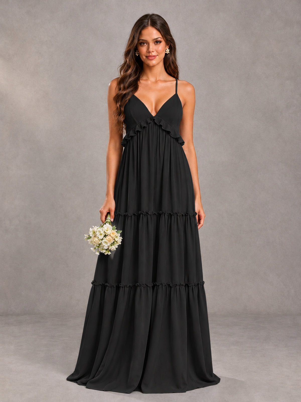 BOLODOO Black Tiered V-Neck Lace-Up Back Bridesmaid Dress - Black - Black (1)