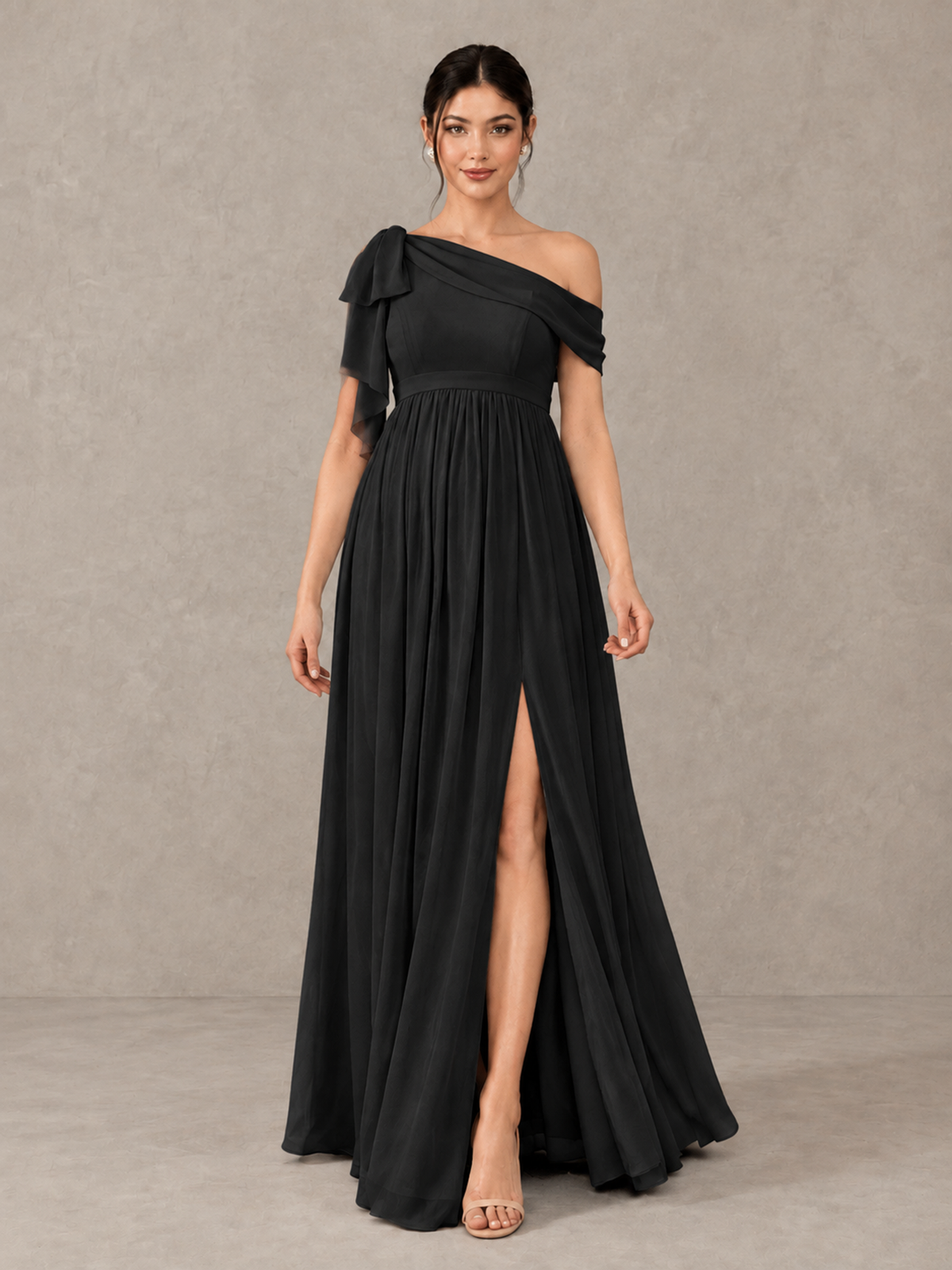 BOLODOO Black One-Shoulder Maternity Bridesmaid Dress with Slit - Black - Black (1)