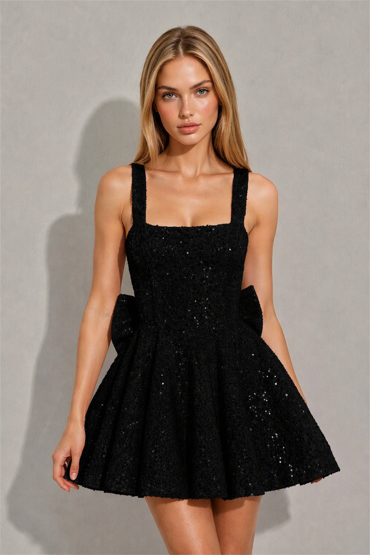 BOLODOO Black Sequin Square Neck Wide Strap Bow Waist Open Back Fit and Flare Mini Dress | Prom Birthday Party Dress - Black