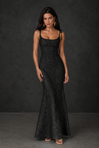 BOLODOO Black Scoop Neck Tie Strap Lace-Up Back Floral Jacquard Mermaid Maxi Dress - Black