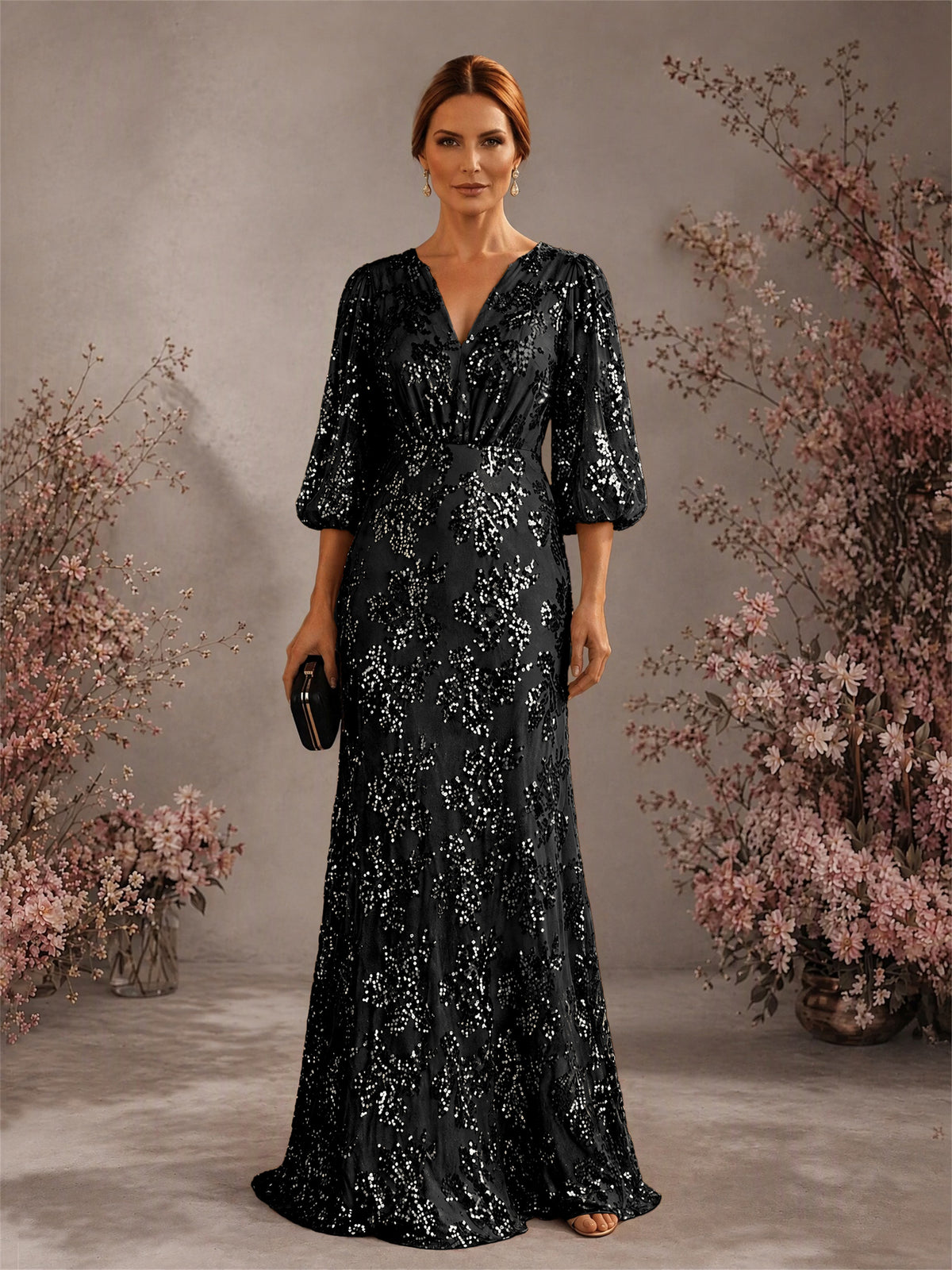BOLODOO Black V-Neck Lantern Sleeve All-Over Sequin Floral Embroidered Mermaid Gown - Black