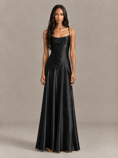 BOLODOO Black Satin Lace-Up Back Maxi Dress - Black