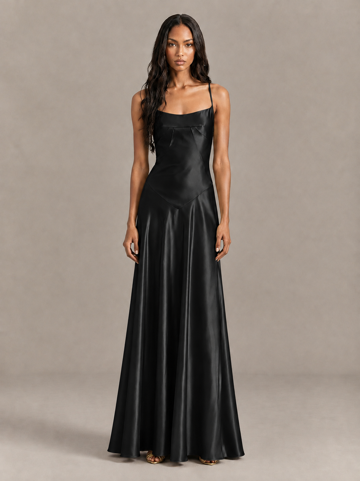 BOLODOO Black Satin Lace-Up Back Maxi Dress - Black