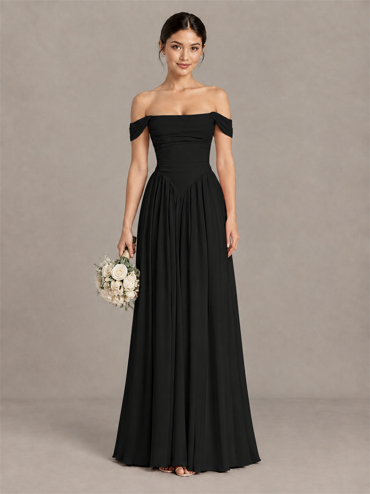 BOLODOO Black Off-Shoulder Chiffon A-Line Bridesmaid Dress - Black