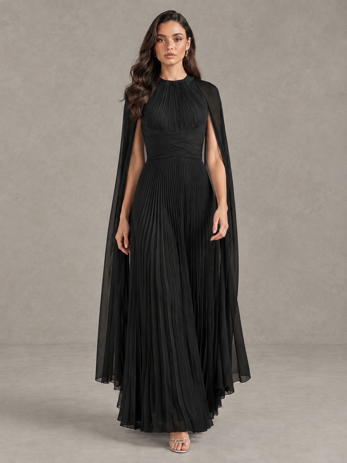 BOLODOO Black Pleated Cape Maxi Wedding Guest Dress - Black - Black (1)