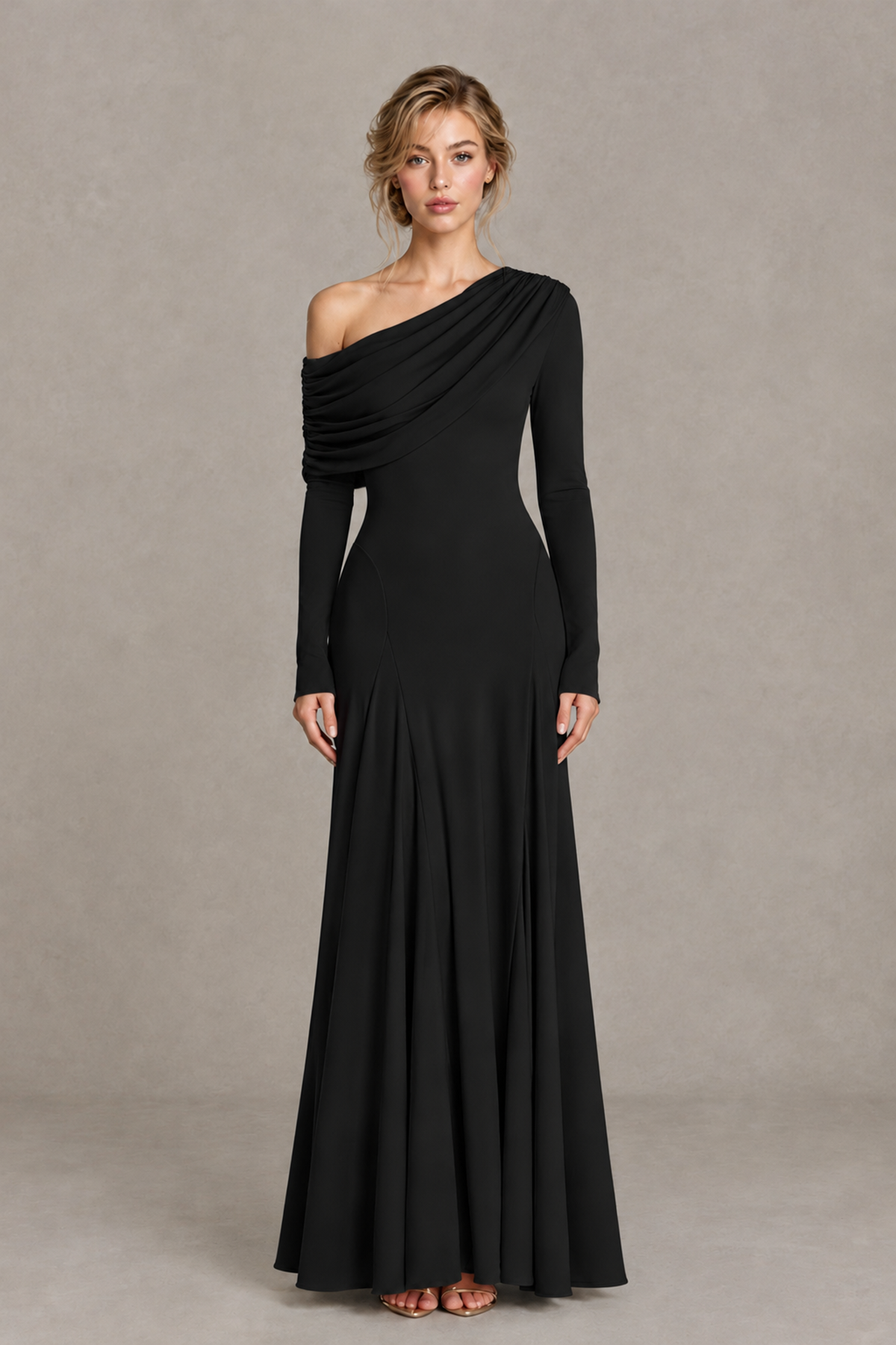 BOLODOO Black Asymmetric Draped Long Sleeve Evening Gown - Black