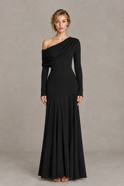 BOLODOO Black Asymmetric Draped Long Sleeve Evening Gown - Black