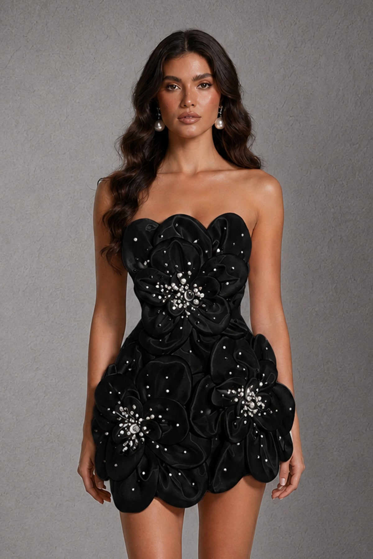BOLODOO Black 3D Floral Satin Strapless Mini Wedding Dress - Black