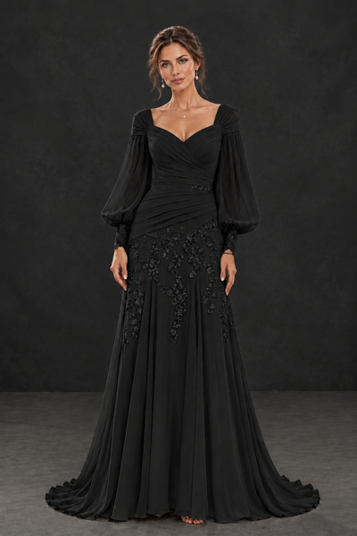 BOLODOO Black Long Sleeve Mother of the Bride Dress with Floral Appliqués - Black - Black (1)