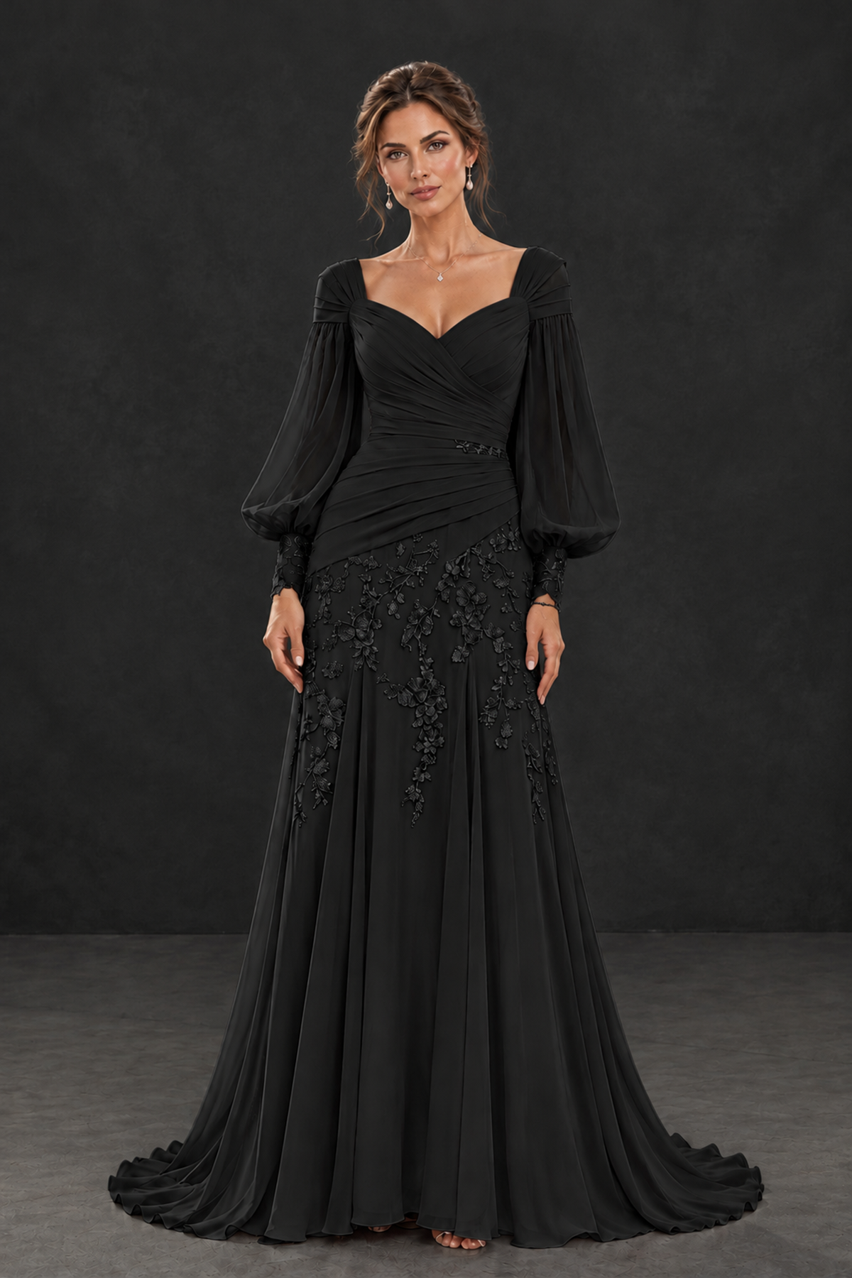BOLODOO Black Long Sleeve Mother of the Bride Dress with Floral Appliqués - Black - Black (1)
