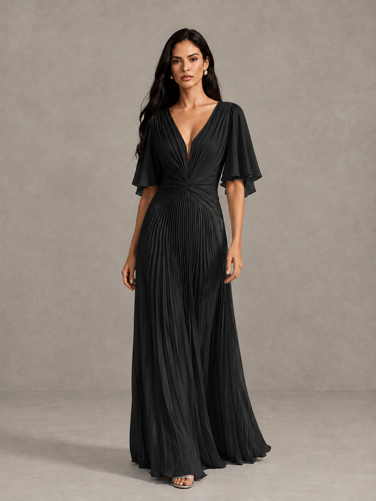BOLODOO Black Pleated V-Neck Flutter Sleeve Bridesmaid Dress - Black - Black (1)