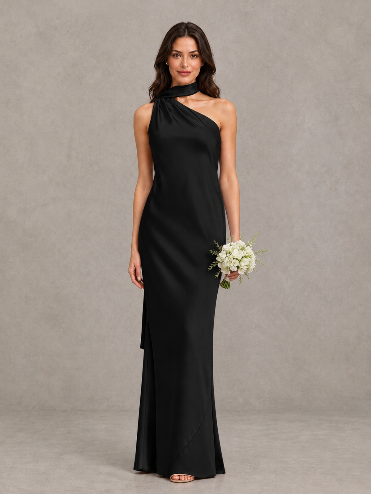 BOLODOO Black Satin One-Shoulder Bridesmaid Dress with Open Back - Black - Black (1)