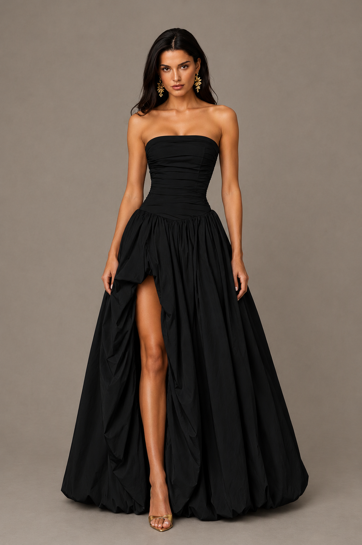 BOLODOO Black Strapless Ruched Corset Lace-Up Back Bubble Skirt High Slit Taffeta Maxi Dress - Black
