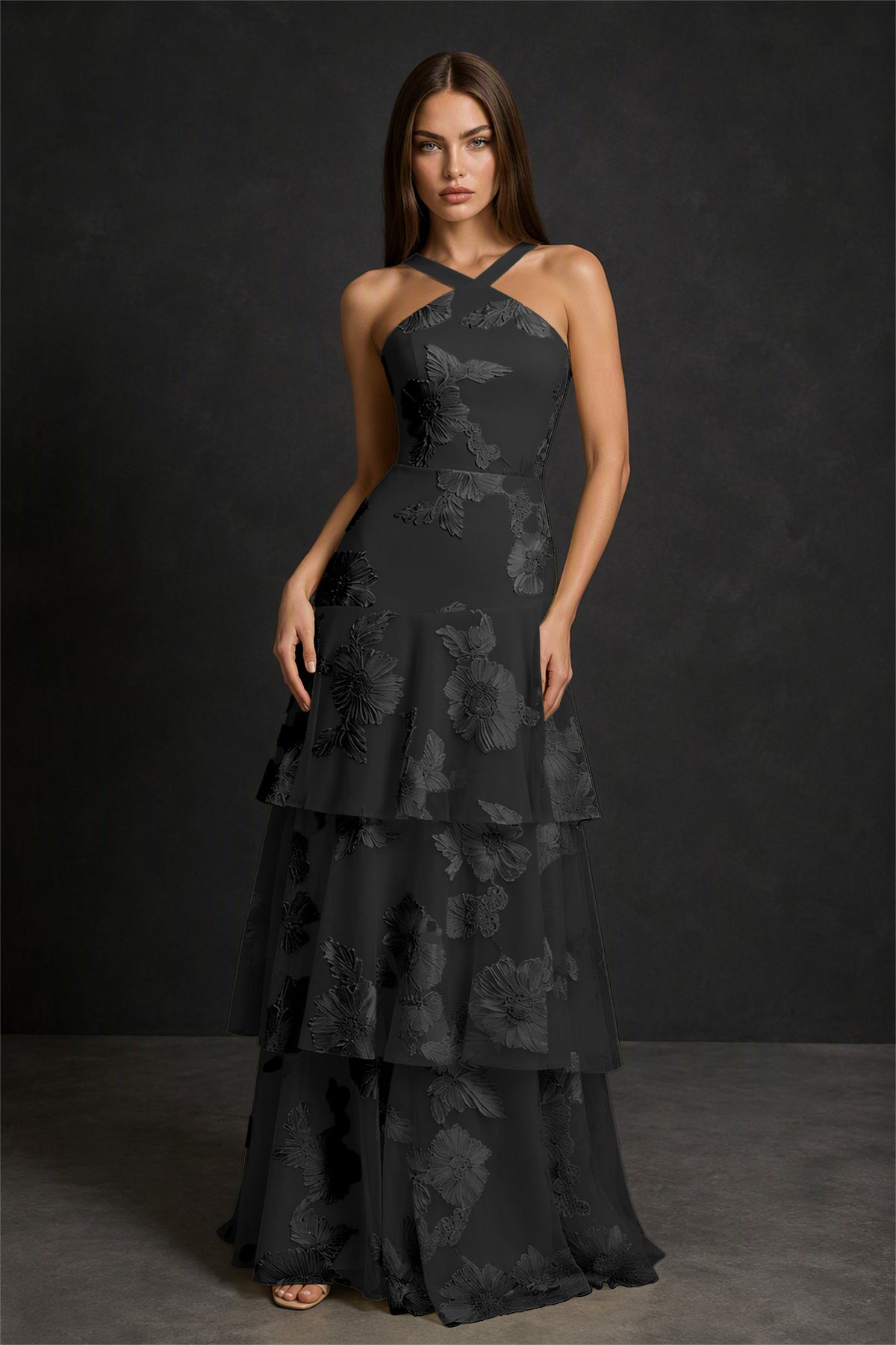 BOLODOO Black Crisscross Halter Neck Black Floral Embroidered Triple Tiered A-Line Tulle Maxi Dress - Black