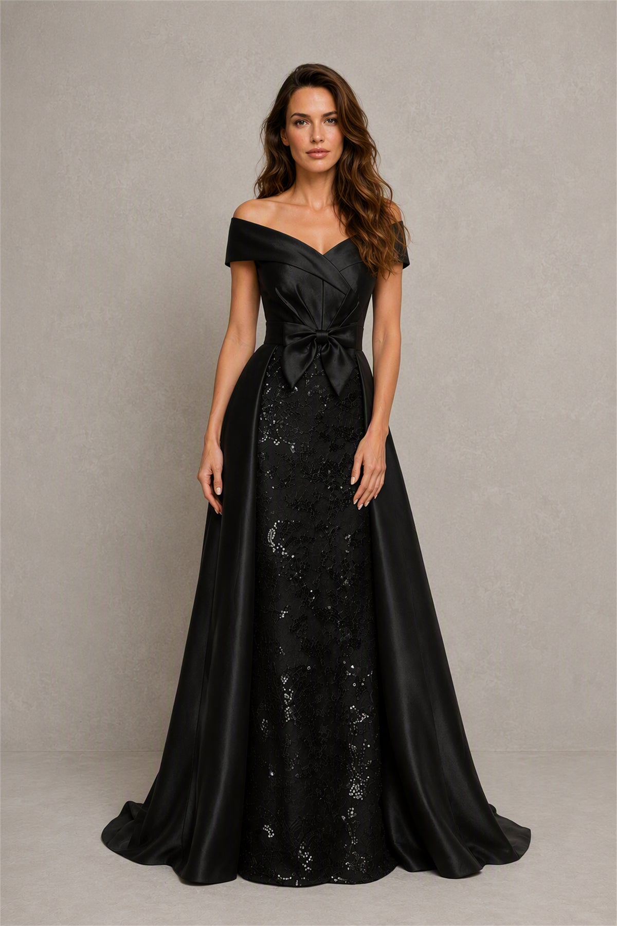 BOLODOO Steel Black Off-Shoulder Satin Sequin Lace Mermaid Gown with Detachable Overskirt - Black