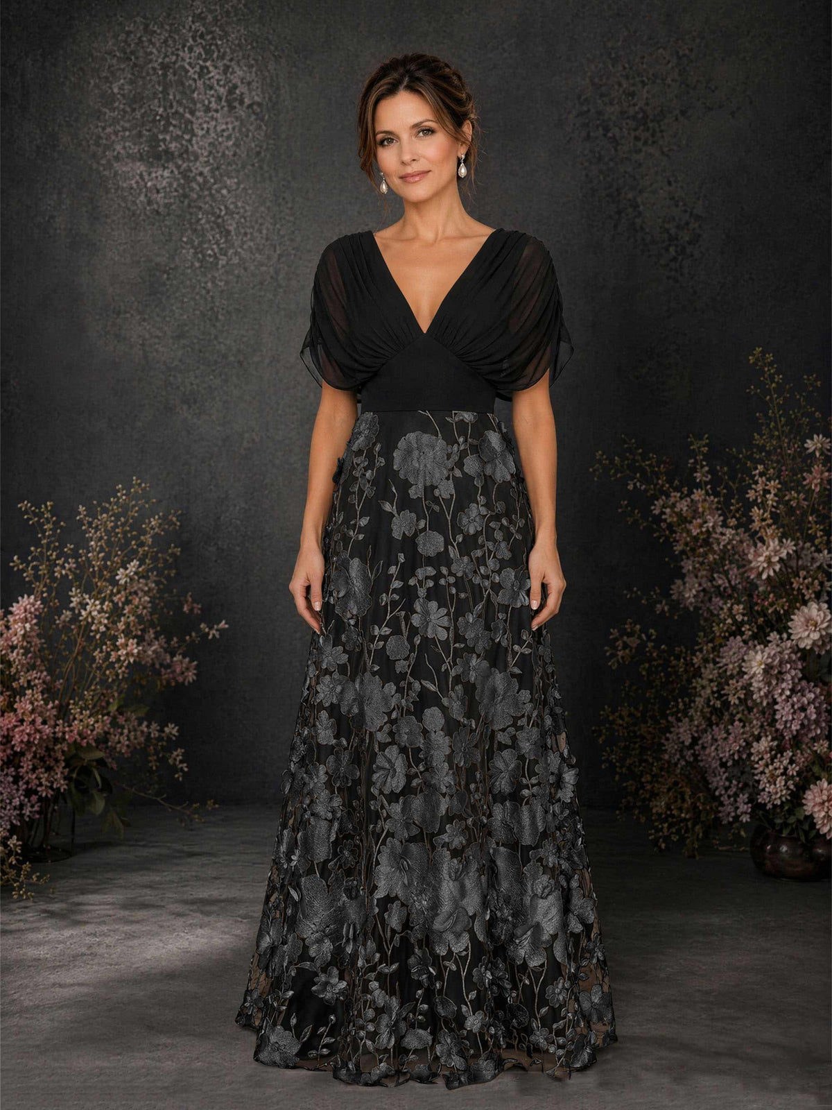 BOLODOO Black & Black Chiffon V-Neck Flutter Sleeve Floral Embroidered A-Line Gown BD0414 - Black